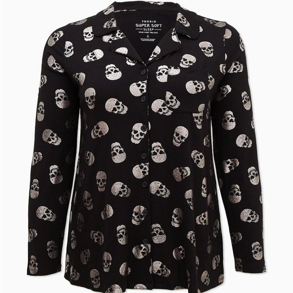 TORRID Super Soft Button Through Black Skull Long Sleeve Sleep Shirt 3 PLUS